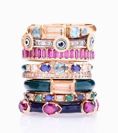 14K Rose Gold Stack Band Ring with Marquis Blue Sapphires, Round Blue-Green Tourmaline and Round Champagne Diamonds. (0.16 TCW) Stone Ring Design, Beautiful Gold Rings, Stackable Engagement Ring, Multi Band Ring, Stacked Wedding Bands, Stacked Wedding Rings, Family Rings, Diamond Stacks, Chalcedony Ring