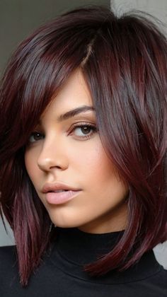 Gorgeous Cherry Cola Ombre Hair for a Fun Look 🍒 Dark Red Hair Styles Medium Length, Brown Hair Maroon Highlights, Fall Reds For Hair, Dark Fall Hair Color Ideas Short, Platinum Red Hair, Hairstyles And Color For Women Over 50, Trendy Fall Hair Color For Brunettes, Hair Color Ideas For Brunettes For Fall Copper Dark Brown, Dark Red Hair Bob