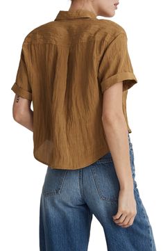 Made of a crinkled nylon fabric with a touch of sheen, this shirt has tons of workwear-inspired details like cuffed sleeves and flap pockets. 21" length (size Medium) Spread collar Short sleeves 70% polyester, 30% polyamide Machine wash, tumble dry Imported Nylon Fabric, Cuff Sleeves, Tumble Dryer, Flap Pocket, Nordstrom Rack, Madewell, Button Up Shirts, Work Wear, Button Up