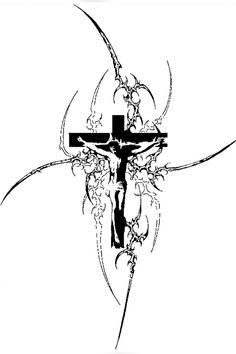 a black and white drawing of a cross