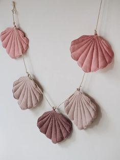 three seashells hanging on a white wall, one is pink and the other is brown