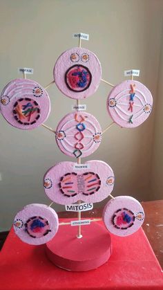 a table topped with pink plates covered in different types of food and decorations on top of it