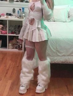 Outfits With Fuzzy Leg Warmers, White Fur Leg Warmers, Fuzzy Leg Warmers Outfit, Fluffy Leg Warmers Outfit, Leg Warmer Fits, Fuzzy Legwarmers, Fur Leg Warmers Outfit, Leg Warmers Outfit Aesthetic, Fuzzy Clothes