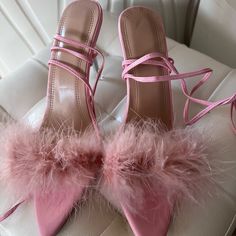 Fun Pink Ostrich Feather Strappy Heels - Brand Nwt Size 7 Heel Approx 3.5” Party Heels With Feather Trim And Pointed Toe, Summer Feathered Heels, Spring Formal Heels With Feathers, Spring Formal Feathered Heels, Feathered Heels With Round Toe For Summer, Spring High Heel With Feathers, Summer High Heel With Feather Trim, Summer Heels With Feather Trim And Round Toe, Summer High Heels With Feather Trim