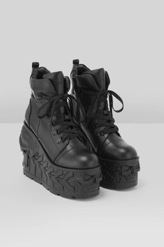 DOOM.- Statement platform boots.- Custom molded soles featuring details soles. - Lace up closure.- Inner zip.- Platform height 7cm/2.7".- Heel height - 14cm/5.5".- Wipe clean only.With KILLSTAR branding, Upper: 100% PU Outsole: 100% Rubber. Imported. Punk Style Platform Heeled Boots With Round Toe, Leather Ankle Boot With Chunky Platform, Leather Ankle Wedge Boots With Chunky Platform, Punk Style Ankle-high Platform Boots, Leather High-top Chunky Platform Heeled Boots, Leather High-top Heeled Boots With Chunky Platform, Punk Ankle-high Platform Boots With Reinforced Heel, Punk High-top Studded Platform Boots, Punk High-top Platform Boots With Studded Outsoles