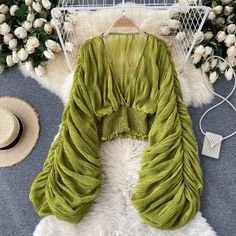 Fashion V Neck Pleated Long Puff Sleeve Short Chiffon · Shop Zola · Online Store Powered by Storenvy Blouse Dress Pattern, Chiffon Blouses, How To Fold Sleeves, Chiffon Shorts, Short Blouses, Chic Blouses, Puff Long Sleeves, Spring Fashion Outfits, Vestidos Vintage