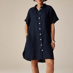 Brand New, Worn Once. Perfect Linen Dress For Spring Navy Casual Dress With Pockets, Blue Relaxed Fit Knee-length Shirt Dress, Casual Navy Summer Dress, Navy Knee-length Mini Dress For Summer, Navy Short Sleeve Mini Dress For Summer, Casual Blue Shirt Dress With Short Sleeves, Navy Linen Summer Dress, Navy Casual Spring Dress, Casual Navy Midi Dress For Spring