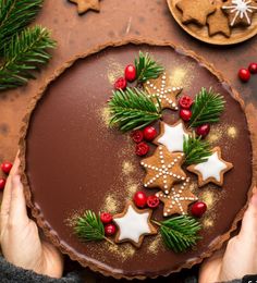 a chocolate tart decorated with christmas decorations