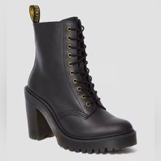 Dr. Martens Kendra Women's Leather Heeled Boots Size Us 5 Uk 3 Winter Leather Lace-up Boots With Stacked Heel, Leather Combat Boots With Stacked Heel For Fall, Edgy Boots With Reinforced Heel For Workwear, Leather High Heel Lace-up Boots With Reinforced Heel, Leather Lace-up Boots With Reinforced High Heel, Black Leather Block Heel Lace-up Boots, Leather Lace-up Heeled Boots With Reinforced Heel, Black Boots With Block Heel And Rubber Heel Cap, Black Boots With Rubber Heel Cap And Block Heel