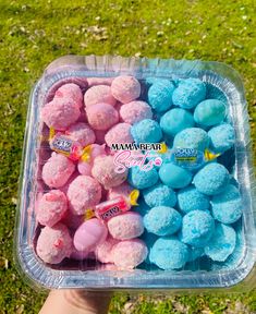 a plastic container filled with blue and pink marshmallows on top of green grass