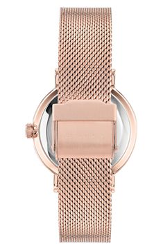 A flower-detailed dial elevates a stunning watch with a smooth leather strap for everyday statement making. 18mm band width Buckle closure Quartz movement Mineral crystal face Stainless steel/goldtone plate/leather Imported Rose Gold Analog Watch With Round Dial, Timeless Rose Gold Watch For Professional Use, Timeless Rose Gold Watches For Work, Business Rose Gold Watches With Metal Dial, Rose Gold Business Watch, Rose Gold Watch With Skeleton Dial And Rectangular Shape, Gold Business Watch With Bracelet Strap, Rose Gold Rectangular Watch With Skeleton Dial, Rose Gold Analog Watch Accessories For Formal Occasions