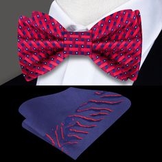 Unleash Your Style with the Red and Blue Geometric Check Silk Bow Tie: A Bold Statement Piece In the world of men's fashion, a bow tie is more than just an accessory—it's a reflection of one's personality and style. Introducing our Red and Blue Geometric Check Silk Bow Tie, a masterpiece that combines boldness with sophistication. With its striking red base adorned with a small geometric check pattern in blue, this bow tie is the perfect accessory to elevate your ensemble and make a stylish stat Red Butterfly Knot Bow Tie For Black Tie Events, Red Bow Tie As Gift, Red Suit And Tie Accessories For Party, Red Bow With Butterfly Knot For Party, Adjustable Red Bow With Ties, Red Bow Tie For Formal Suit, Red Bow Tie With Butterfly Knot For Gift, Red Standard Tie Bow As Gift, Red Bow Suit And Tie Accessories For Party