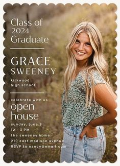 an open house graduation announcement card with a girl in jeans and a floral shirt on