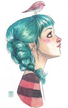 a drawing of a girl with blue hair and a bird on her head, looking to the side