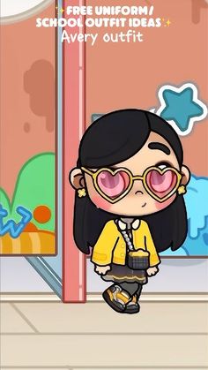 an animated girl with glasses standing in front of a building