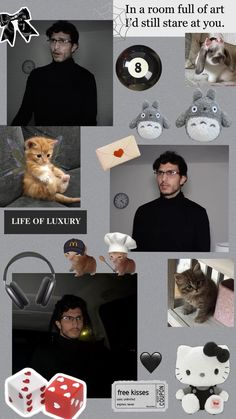 a collage of photos with cats, dices and other things on it that include an image of a man