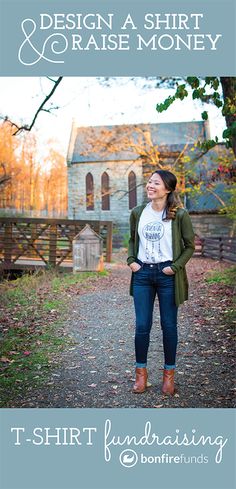 a woman standing in front of a house with the words design a shirt and raise money