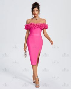 Our Style No.PP24089 95%Polyester, 5%Spandex Very Stretchy Height - 68.9"/175cm Bust - 34.6"/88cm Waist - 25.6"/65cm Hips - 36.6"/93cm and wears size S Gentle Dry Clean Only About Wholesale/Dropshipping, please contact us! Note: Colour may vary due to lighting on images. The product images (without model) are closest to the true colour of the product. Pink Off-shoulder Fitted Bodycon Dress, Pink Fitted Off-shoulder Bodycon Dress, Pink Fitted Strapless Midi Dress, Rose Party Dress With Ruffles, Pink Ruffled Bodycon Midi Dress, Fitted Pink Bodycon Dress For Prom, Pink Bodycon Midi Dress With Ruffles, Rose Red Fitted Party Dress, Pink Ruffled Knee-length Bodycon Dress