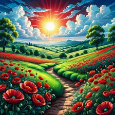 a painting of a field with red flowers and the sun in the sky above it