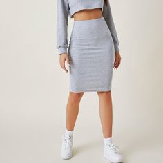 Grey Elegant   Cotton Plain Pencil  Slight Stretch Spring/Summer/Fall Women Bottoms Pencil Skirt Pattern, Shein Basics, Glitters Skirt, Pu Leather Skirt, Pencil Skirt Outfits, Grey Pencil Skirt, Women Skirts, Stretch Skirt, Womens Pencil Skirts