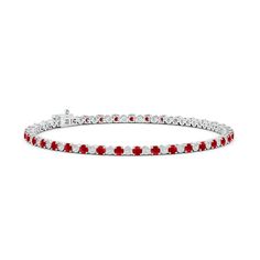 Round diamonds are alternately set with rich red rubies on this alluring 14k white gold tennis bracelet. The dazzling diamonds are held in an illusion gypsy setting. Formal Red Diamond Bracelet, Red Round Tennis Bracelet For Formal Occasions, Red Fine Jewelry Tennis Bracelet For Formal Occasions, Fine Jewelry Red Diamond Bracelet, Red Diamond Bracelet Fine Jewelry, Red Diamond Bracelet In Fine Jewelry Style, Red Tennis Bracelet For Formal Occasions, Red Diamond Tennis Bracelet, Red Diamond Fine Jewelry Bracelet