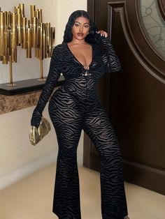 Plus Size Flocked Deep V-Neck Flounce Sleeve Flare Leg Jumpsuit, Elegant For Winter Party Black Sexy  Extra-Long Sleeve Mesh Fabric Zebra Stripe,Textured Pattern Unitard Slight Stretch,Medium Stretch  Women Plus Clothing, size features are:Bust: ,Length: ,Sleeve Length: Black V-neck Bodysuit For Club, Black V-neck Jumpsuit For Club, Black V-neck Jumpsuits And Rompers For Club, Glamorous Black V-neck Jumpsuit Or Romper, Black V-neck Bodysuit For Party, Flare Leg Jumpsuit, Headpiece Accessories, Black And White Baby, Bodycon Jumpsuit