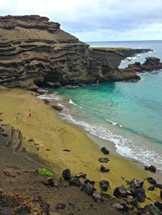 people are walking on the beach near some cliffs