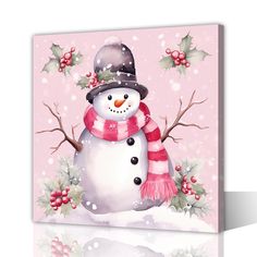 a painting of a snowman wearing a hat and scarf with holly berries on it