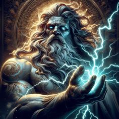 a man with long hair and beards holding lightning in his hands, surrounded by blue lights