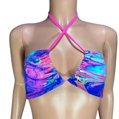 Rainbow Vapor Freedom X-String Rave Bikini Top - Peridot Clothing Rave Stretch Swimwear For Music Festival, Pink Rave Swimwear For Party, Fitted Rave Swimwear For Music Festival, Fitted Rave Swimwear For Poolside, Rave Style Swimwear For Poolside, Rave Swimwear With Stretch For Party, Stretch Rave Swimwear For Party, Blue Rave Swimwear For Summer, Rave Style Stretch Swimwear For Party