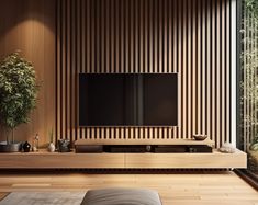 a living room with wood paneling and a flat screen tv mounted on the wall