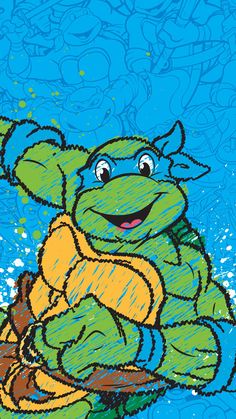 a drawing of a cartoon turtle on a surfboard in the water with blue background