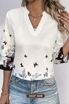 Butterfly Print V Neck Blouse, Elegant Half Sleeve Blouse Blouse Elegant, Half Sleeve Blouse, Blouse Outfit, V Neck Blouse, Butterfly Print, Half Sleeve, Half Sleeves, Sleeve Blouse, Blouses For Women