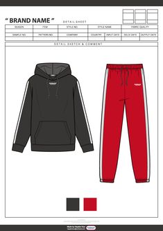 a black and red sweat suit with the name brand name on it, in front of a