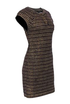 Go golden and sophisticated with this classic Chanel tweed frock. Made with a warm and richly colored woven tweed, this is the perfect timeless piece to pair with your favorite tall heeled boots and sleek blazer for a cocktail hour look that no one will ever forget! Size 4 (FR 36) Made in France 60% Cashmere, 40% Wool Sheath silhouette Short sleeve Front bejeweled button closures Material provides stretch Waist 30” Bust 32” Total length 36.5” Tweed Cap, Tall Heeled Boots, Classic Chanel, Chanel Tweed, Brown Tweed, Tweed Dress, Cocktail Hour, Golden Brown, Cap Sleeve