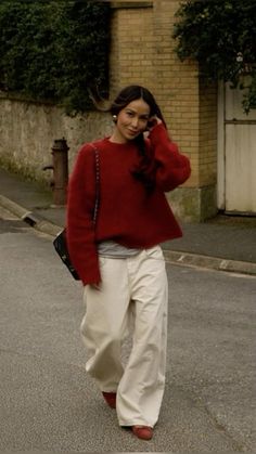 Red Sweater Outfit, Outfit Trends, Red Sweater, 가을 패션, Autumn Outfit, Outfit Inspo Fall