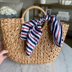 This Has So Many Uses! Tie It To Your Purse Or Beach Bag For An Elevated Look. Tie To Your Luggage For An Eye Catching Piece. Even Use For A Fashion Scarf! It’s Giving #Paris Vibes #Scarf #Pursescarf #Redwhiteandblue #Euopeantrip #Paris #4thofjuly **Bag Not Included Brand New! Only Taken Out Of Plastic For These Photos. Silk Like Material. I Have 3 Of These. Scarf On Bag, Woven Beach Bags, Straw Purse, Gold Scarf, Paris Vibes, Purse Scarf, Faux Fur Scarves, Small Scarf, Reversible Scarf