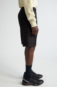 The label's signature compass patch brings adventure-ready appeal to stretch-cotton shorts equipped with plenty of handy pockets for essentials. 9" inseam; 20" leg opening; 12" front rise; 14" back rise (size 30) Zip fly with button closure Side-seam pockets; back welt pocket; cargo flap-patch pockets 97% cotton, 3% elastane Machine wash, line dry Imported Designer Clothing Streetwear Cargo Shorts With Patch Pockets, Black Bermuda Cargo Shorts, Black Cargo Shorts With Patch Pockets, Cotton Bermuda Shorts With Cargo Pockets For Outdoor, Outdoor Cotton Bermuda Shorts With Cargo Pockets, Black Cargo Shorts For Hiking With Pockets, Black Cargo Shorts With Pockets For Hiking, Black Cargo Shorts For Hiking, Black Hiking Cargo Shorts With Pockets