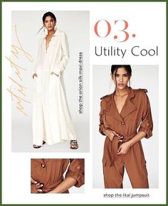 three pictures of women wearing jumpsuits with the words o3 utility cool on them