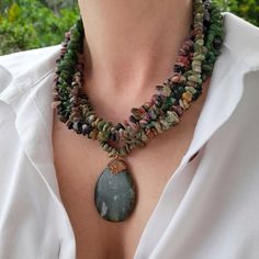 Large pendant raw jade, tourmaline,  green opal necklace. Chunky statement gemstone beaded necklace for women. Large handmade necklace with big pendant and gemstone. Big bold bohemian necklace in gold color are suitable for an casual look, evening look and for a holiday. These necklace will be a good Christmas, anniversary, wedding or birthday gift for mom, wife, girlfriend, sister or daughter. Women's necklace with natural stone. It emphasizes the beauty of your neck and adds charm to your look Handmade Statement Necklace, Yellow Agate, Raw Crystal Necklace, Necklace Layered, Aquamarine Necklace, Women Pendant, Necklace Chunky, Gemstone Beaded Necklace, Women Necklace