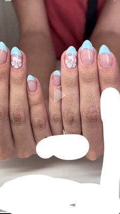 Short Almond Nails Hawaii, Blue French Tips Hibiscus, Blue Nails With Hawaiian Flower, Blue Hawaiian Nails Tropical Flowers, White French Tip With Hawaiian Flower, Blue Flower Summer Nails, Short Hawaiian Flower Nails, Blue French Tip Hibiscus Nails, Blue French Tip With Hibiscus Flower