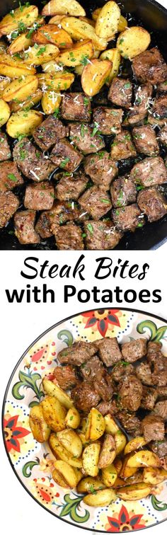 steak bites with potatoes in a skillet and on a plate next to the same image