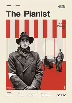 a man in a coat and hat standing next to a piano keyboard on a poster