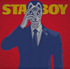 a man in a suit and tie holding his hand to his face with the words starboy on it