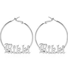 Lets make our lives more beautiful with custom/personalized items. This can bring you a lot of joy when you see your name or your loved once name on the item. Having your personal touch on a piece of jewelry really makes a difference. Item:-   Old English Name EarringsHoop Diameter:- 20-30-50-60-70 MMMetal:- Stainless SteelFinished:- Platinum-Rose Gold-GoldWe have make 2 different name on1pairPlease put your Name  On Personalization Box.Like This-   Abdul   Processing and shipping: 2-3 weeks is Personalized Silver Metal Hoop Earrings, Personalized Silver Dangle Hoop Earrings, Trendy Personalized Metal Hoop Earrings, Custom Name Silver Hoop Earrings As A Gift, Personalized Silver Hoop Earrings For Everyday Wear, Personalized Sterling Silver Hoop Earrings, Silver Small Hoop Earrings With Custom Name, Old English Names, Earrings Gothic