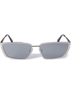 silver-tone metal rectangle frame grey tinted lenses nose pads straight arms curved tips These glasses come with a protective case. Rectangle Frame, Sunglass Frames, Protective Cases, Sunglasses Accessories, Silver Tone, Lenses, Mens Accessories, Off White, Sunglasses