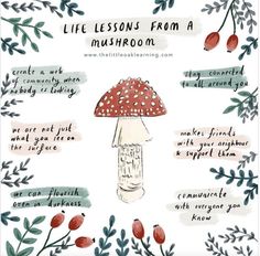 a mushroom surrounded by leaves and berries with the words life lessons from a mushroom