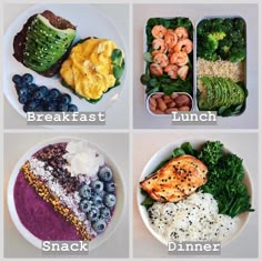 four plates with different types of food on them, including broccoli, rice and blueberries