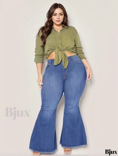 Bjux - Empowering Plus Size Fashion: Womens Plus Button Fly Flared Leg Raw Hem Medium Stretch Denim Pants Stretch Denim Pants, Long Length, Denim Pants, Stretch Denim, Plus Size Fashion, Going Out, Cotton Blend, Solid Color, Plus Size