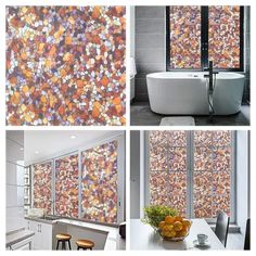 four pictures of different types of wallpaper in a kitchen and living room, including a bathtub